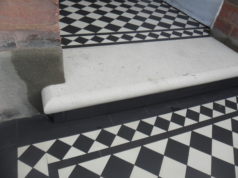 Checkerboard Victorian tiled Pathway with limestone step (black and white pattern)